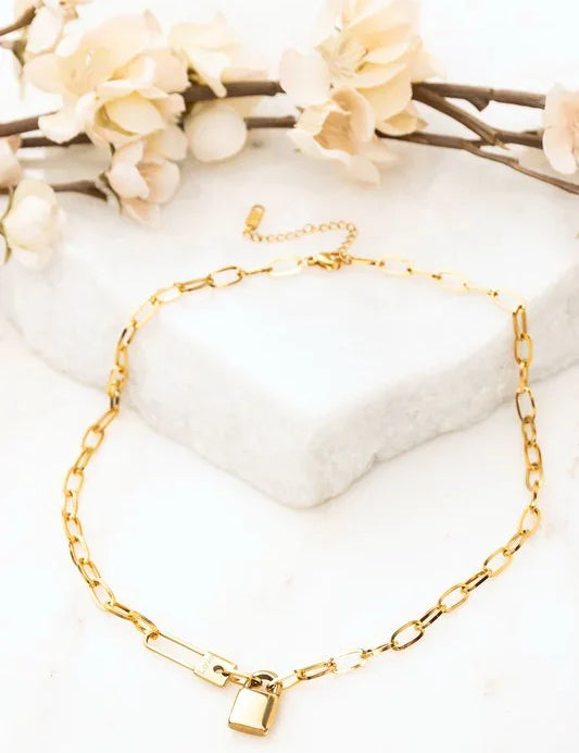 18K stainless steel chain necklace with gold square lock charm