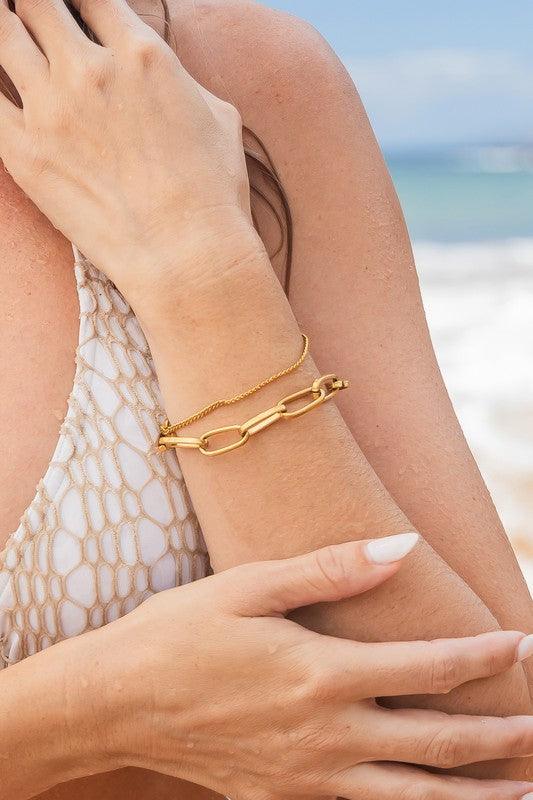 18K STAINLESS STEEL LAYERED PAPERCLIP BRACELET Gold OneSize