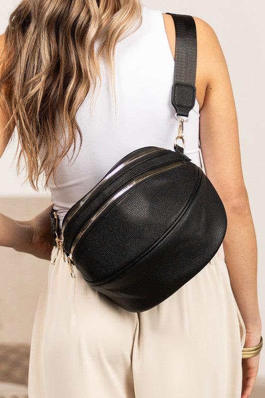 Sabrina Double Zip Leather Crescent Sling Black OneSize