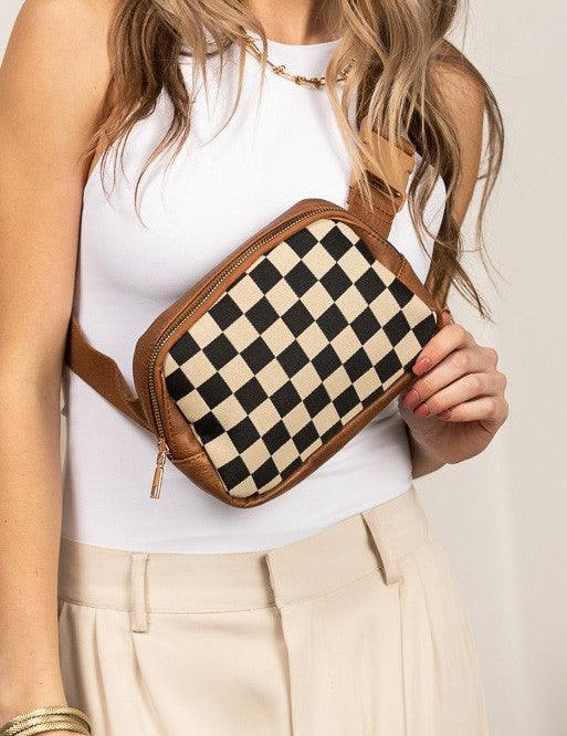 Cognac OneSize Alva Mixed Media Check Sling Belt Bum Bag | Daverri Fashions