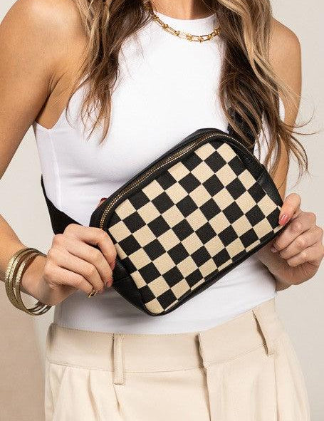 Black OneSize Alva Mixed Media Check Sling Belt Bum Bag | Daverri Fashions