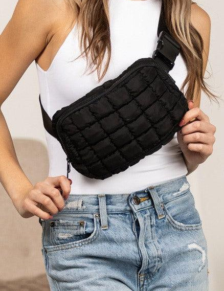 Black OneSize Evyn Quilted Puffer Sling Belt Bum Bag | Daverri Fashions