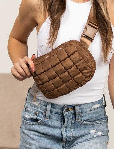Mocha OneSize Evyn Quilted Puffer Sling Belt Bum Bag | Daverri Fashions