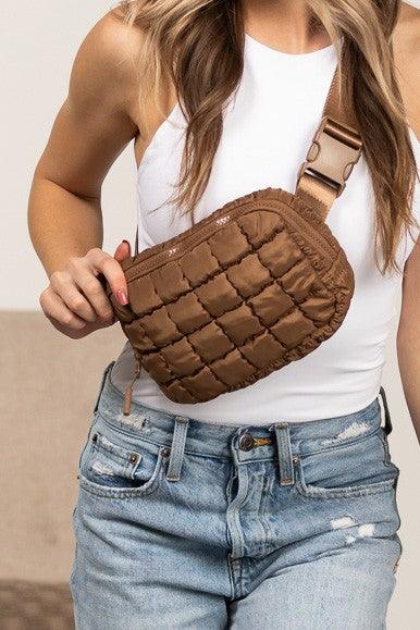 Mocha OneSize Evyn Quilted Puffer Sling Belt Bum Bag | Daverri Fashions