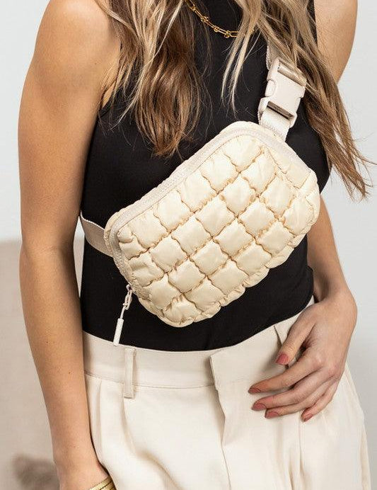 Almond OneSize Evyn Quilted Puffer Sling Belt Bum Bag | Daverri Fashions