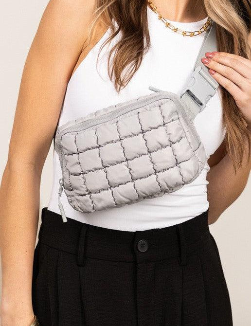Gray OneSize Evyn Quilted Puffer Sling Belt Bum Bag | Daverri Fashions