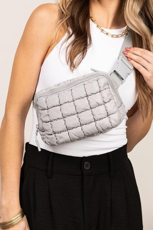 Gray OneSize Evyn Quilted Puffer Sling Belt Bum Bag | Daverri Fashions