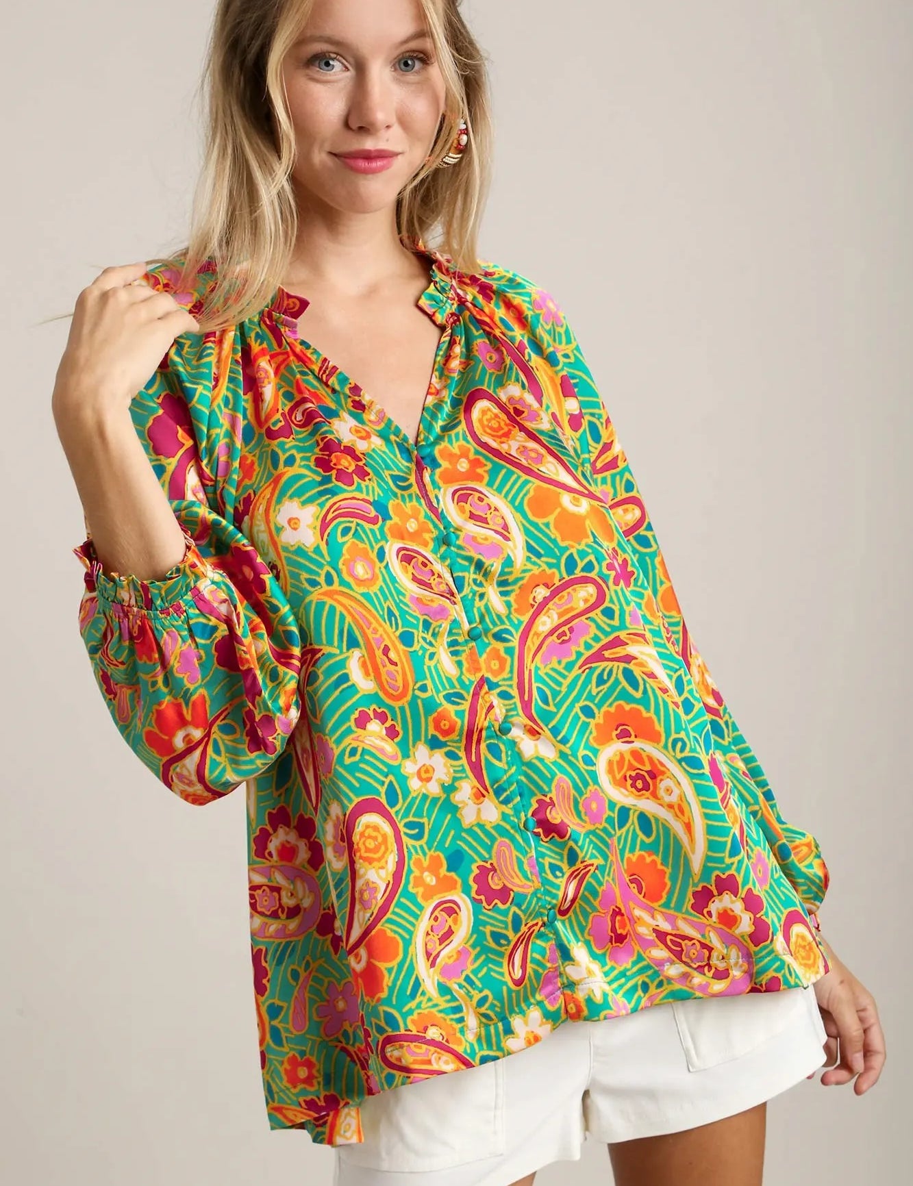 Green Umgee Satin Paisley Ruffle Neck Button-Up Shirt | Blouses Daverri Fashions
