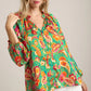 Umgee Satin Paisley Ruffle Neck Button-Up Shirt Green Blouses