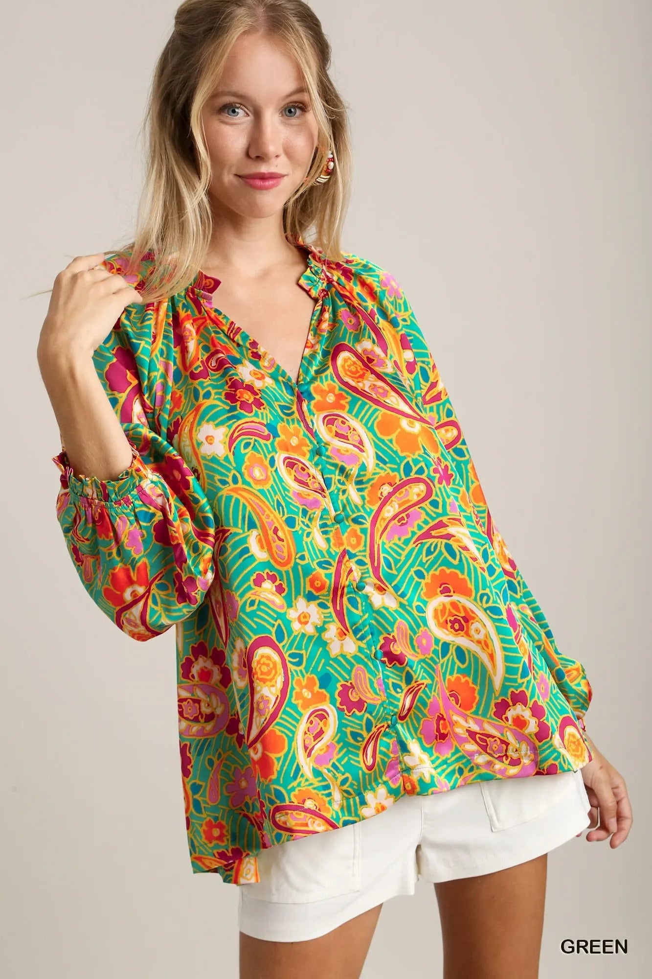 Umgee Satin Paisley Ruffle Neck Button-Up Shirt Green Blouses