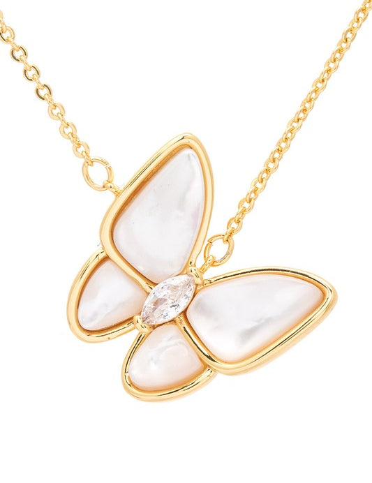 Gold O S MOP Butterfly CZ Pendant Necklace | Necklaces Daverri Fashions