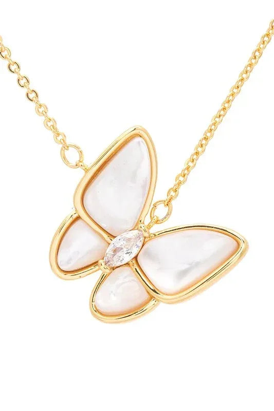 MOP Butterfly CZ Pendant Necklace - DAVERRI FASHIONS