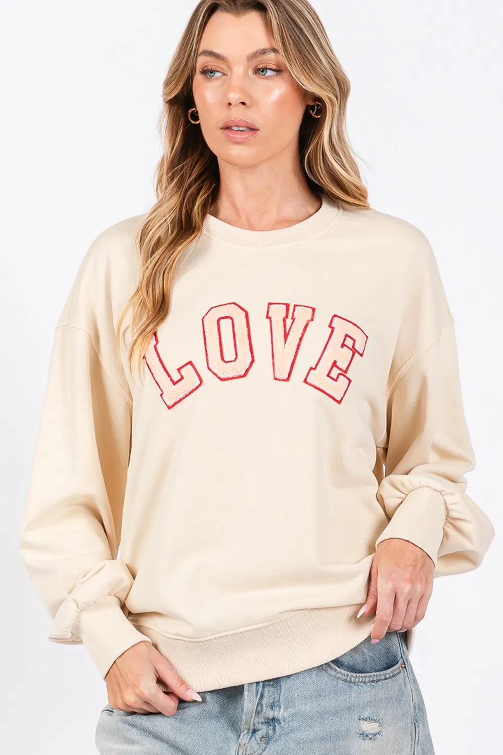 SAGE + FIG LOVE Path Applique Drop Shoulder Sweatshirt | Sweatshirts Daverri Fashions