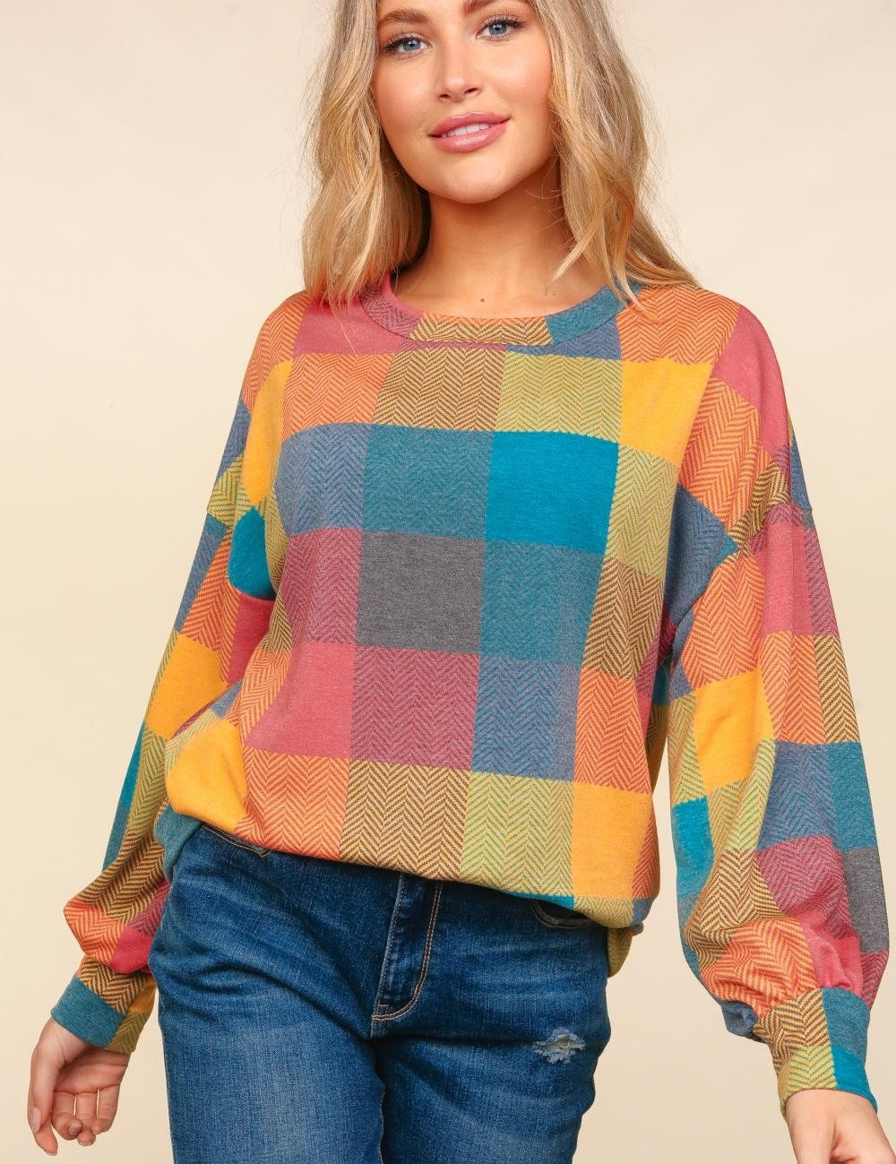 Haptics Round Neck Color Block Plaid Top Multi Tops