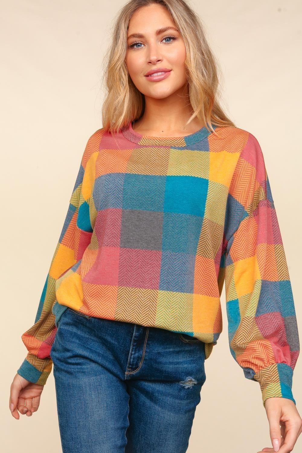 Haptics Round Neck Color Block Plaid Top Multi S Tops