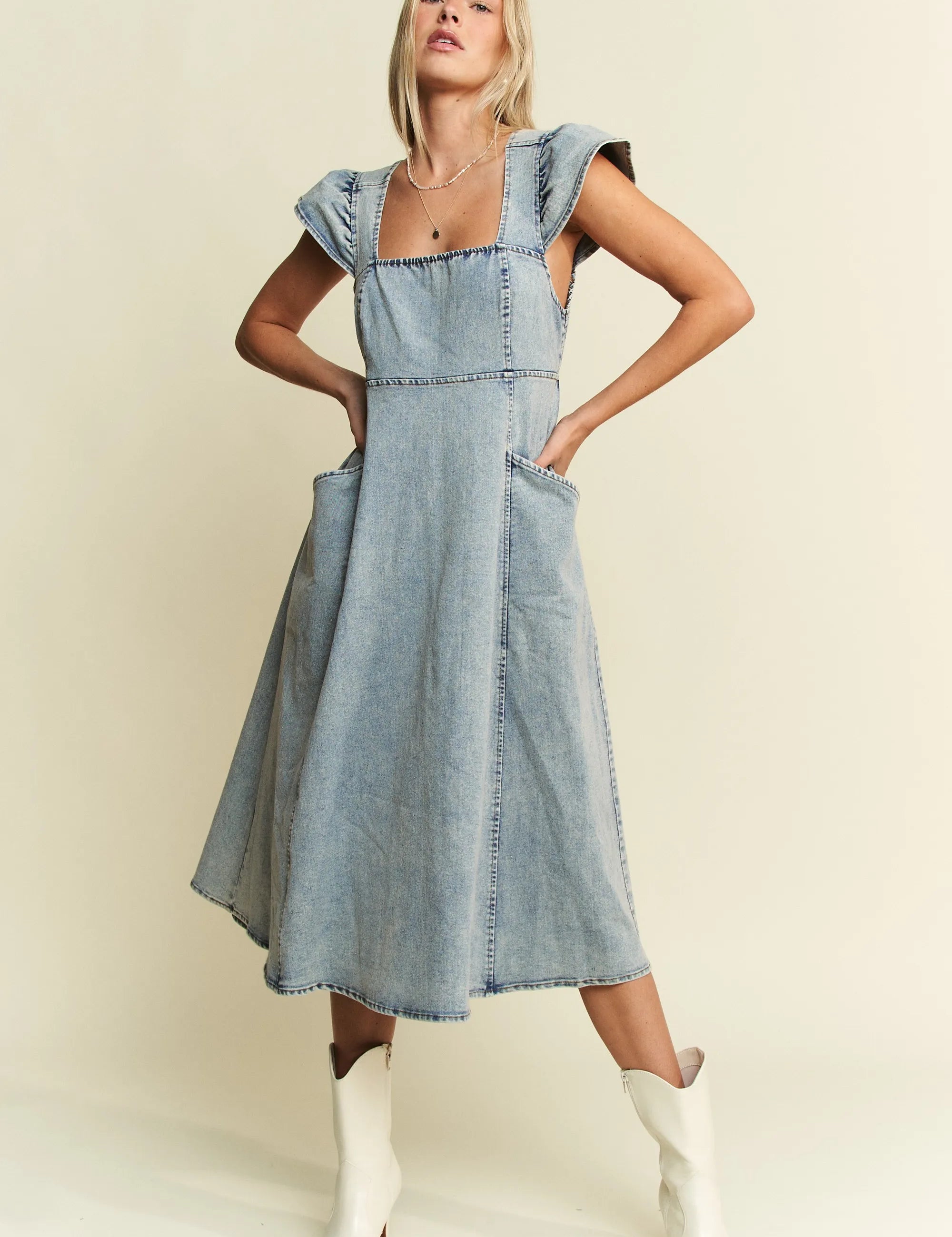 Jade By Jane Ruffled Denim Midi Dress | Midi Dresses Daverri Fashions