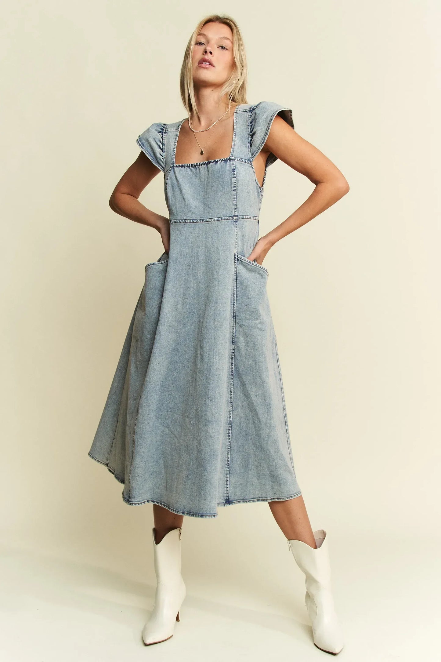 Jade By Jane Ruffled Denim Midi Dress - DAVERRI FASHIONS