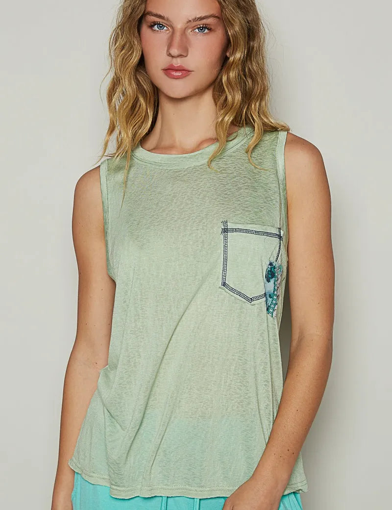 Gum Leaf POL Floral Detail Pocket Patch Tank Top | Tank Tops Daverri Fashions