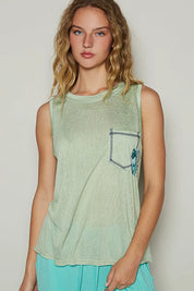 Gum Leaf POL Floral Detail Pocket Patch Tank Top | Tank Tops Daverri Fashions