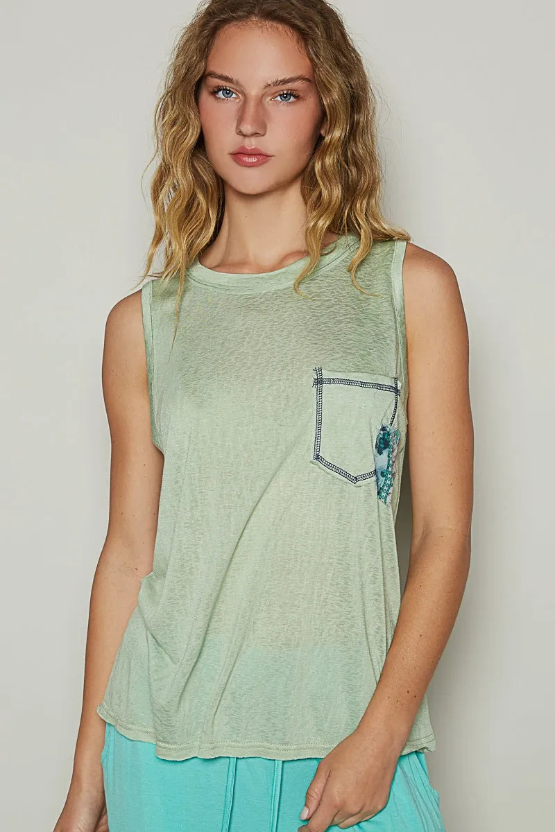 POL Floral Detail Pocket Patch Tank Top Gum Leaf Tank Tops