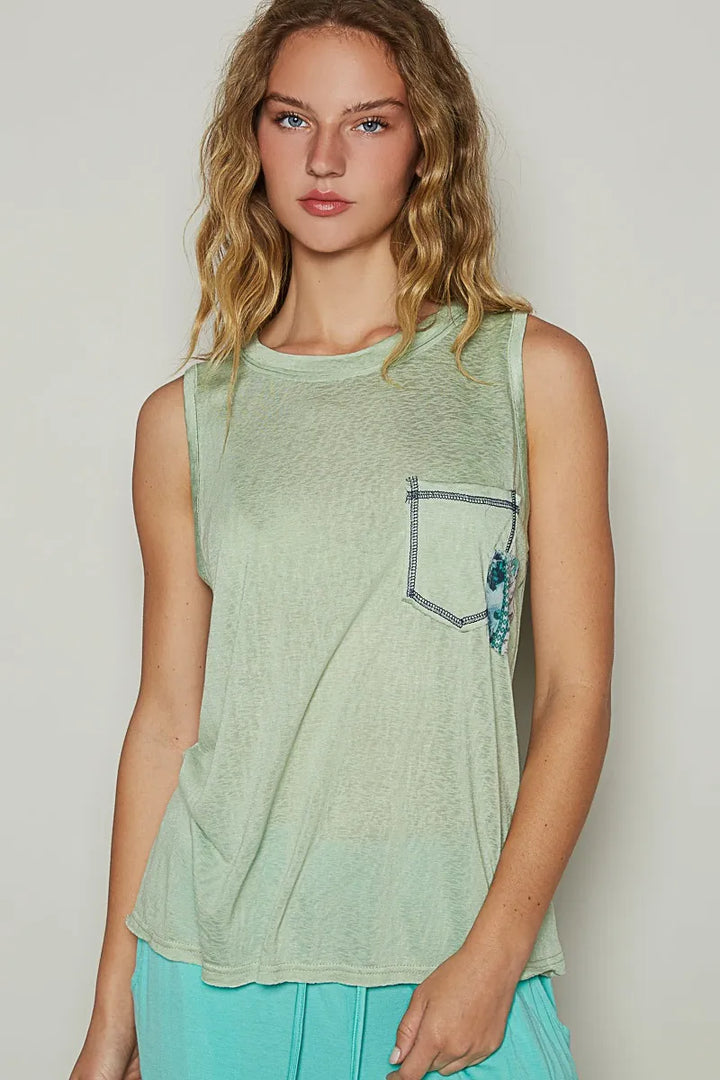 POL Floral Detail Pocket Patch Tank Top Gum Leaf Tank Tops
