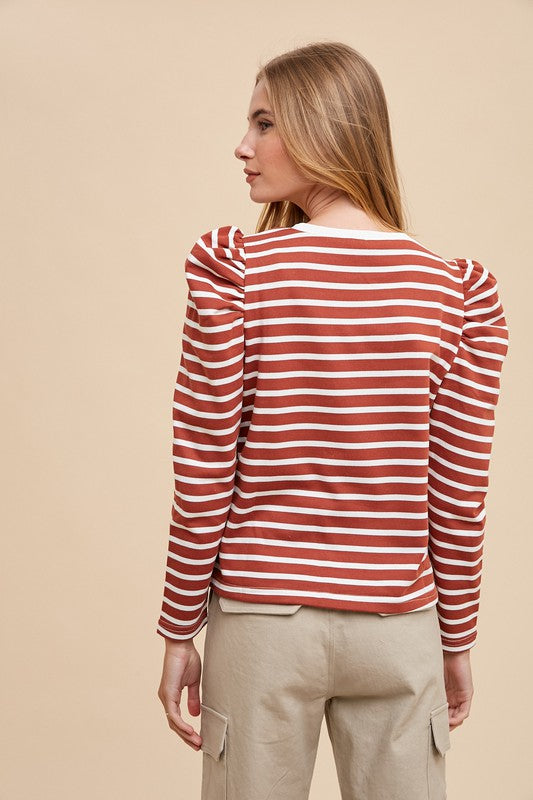 Annie Wear Striped Round Neck Puff Sleeve French Terry Top Tops