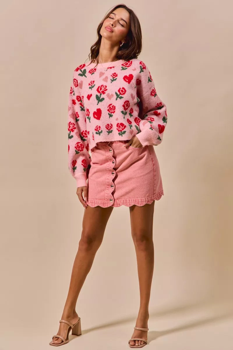 Pink rose and heart knit sweater on SO ME vintage wash denim mini skirt
