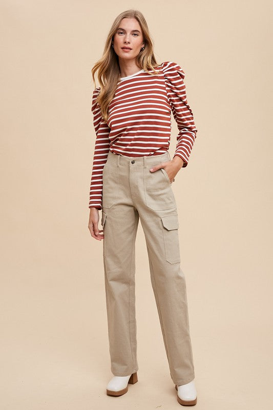 Annie Wear Striped Round Neck Puff Sleeve French Terry Top Tops