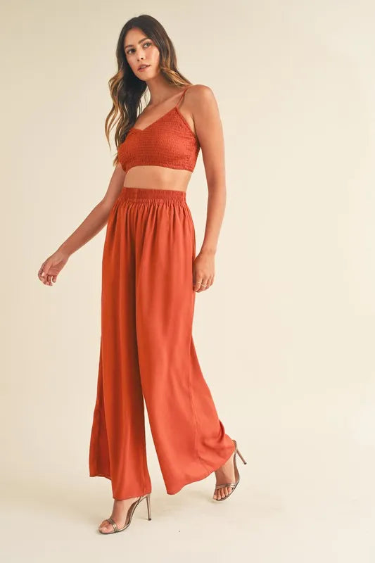 MABLE Smocked Bralette Crop Top and Wide Leg Pants Set