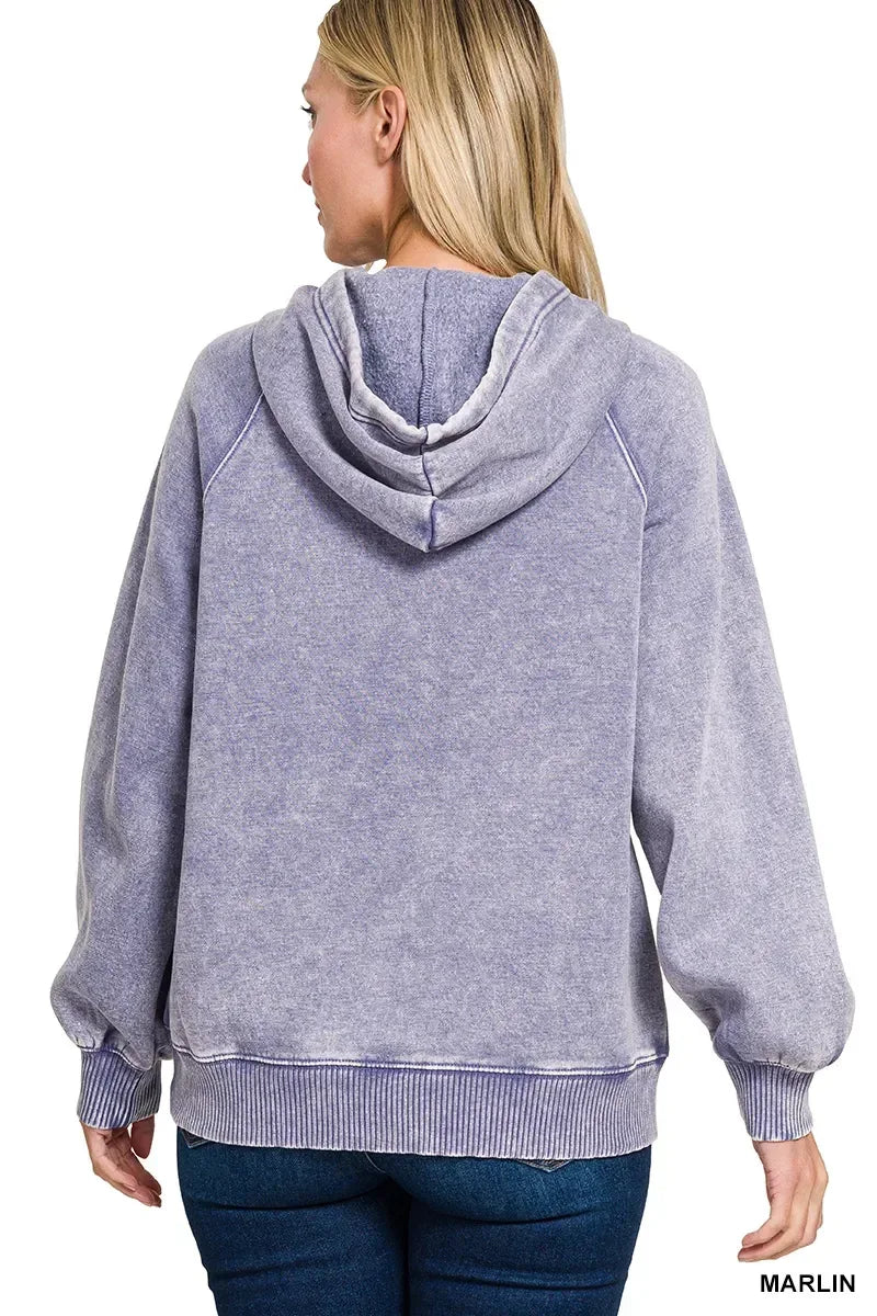 Zenana Acid Wash Fleece Hoodie with Kangaroo Pocket Marlin - DAVERRI FASHIONS