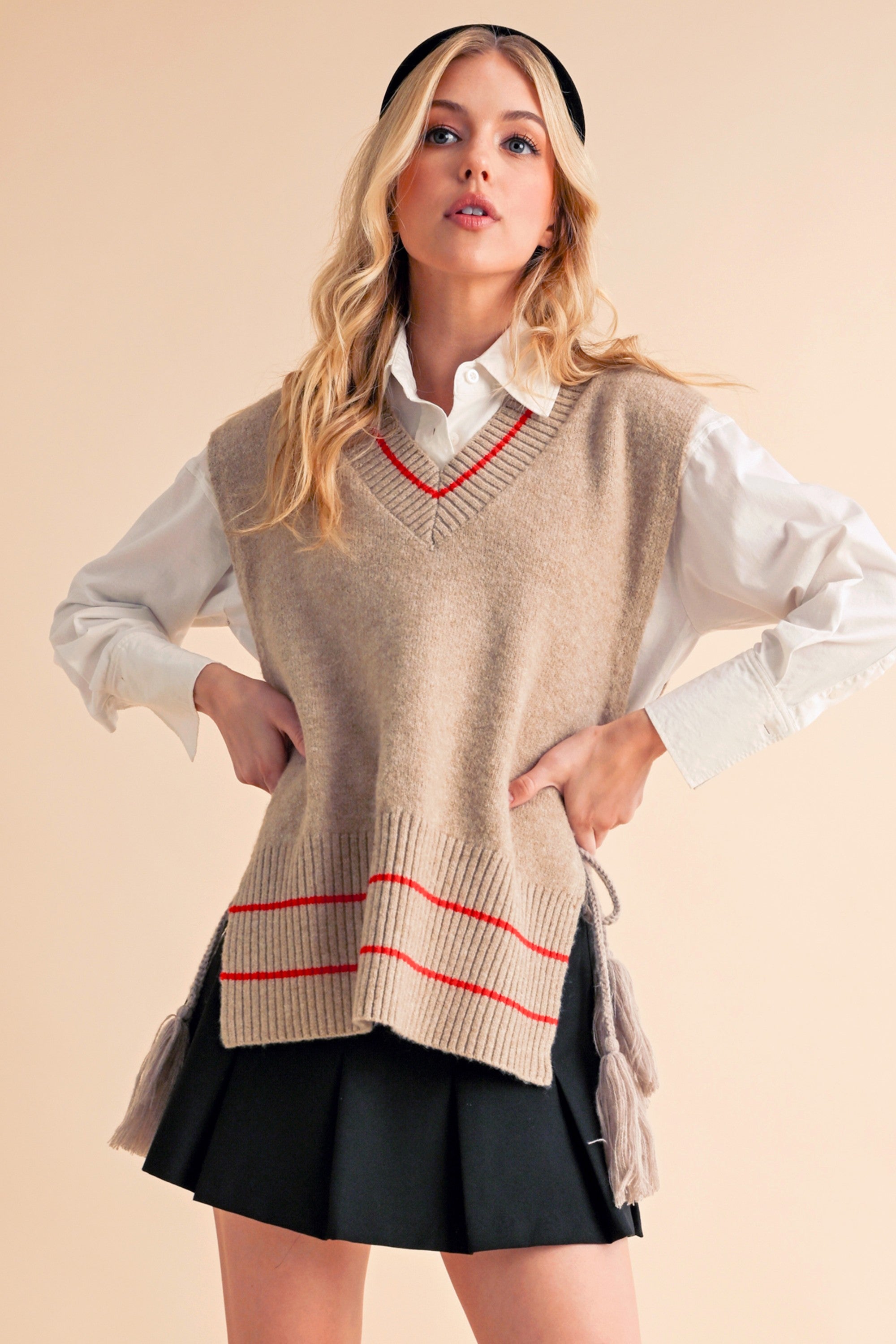 Aemi + Co Ribbed V-Neck Sweater Vest with Tassel