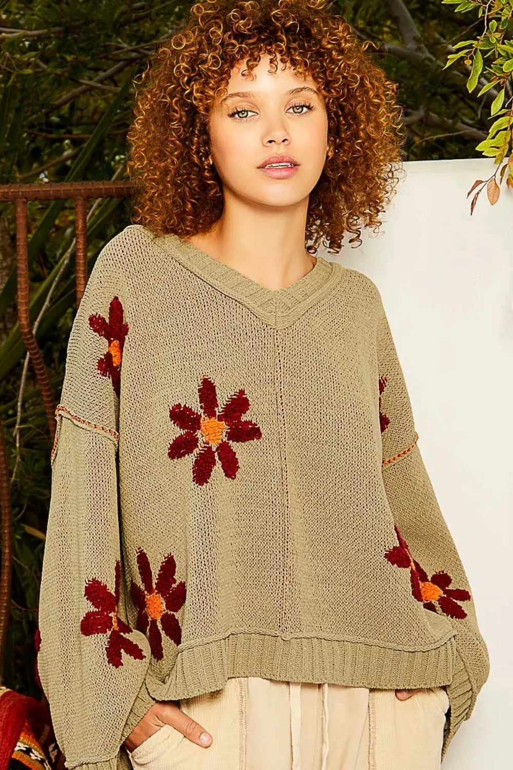 Olive M POL V-Neck Floral Pattern Chenille Sweater | Sweaters Daverri Fashions