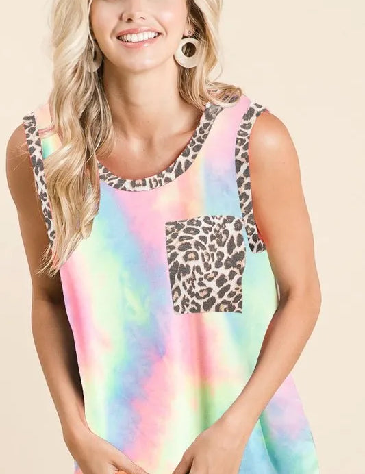 BiBi Sleeveless Tie Dye Top With Leopard Band | Tops Daverri Fashions