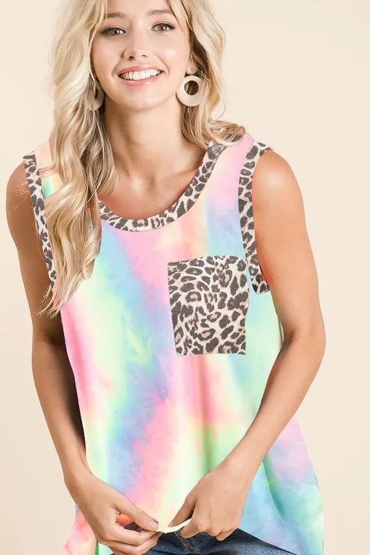 BiBi Sleeveless Tie Dye Top With Leopard Band | Tops Daverri Fashions