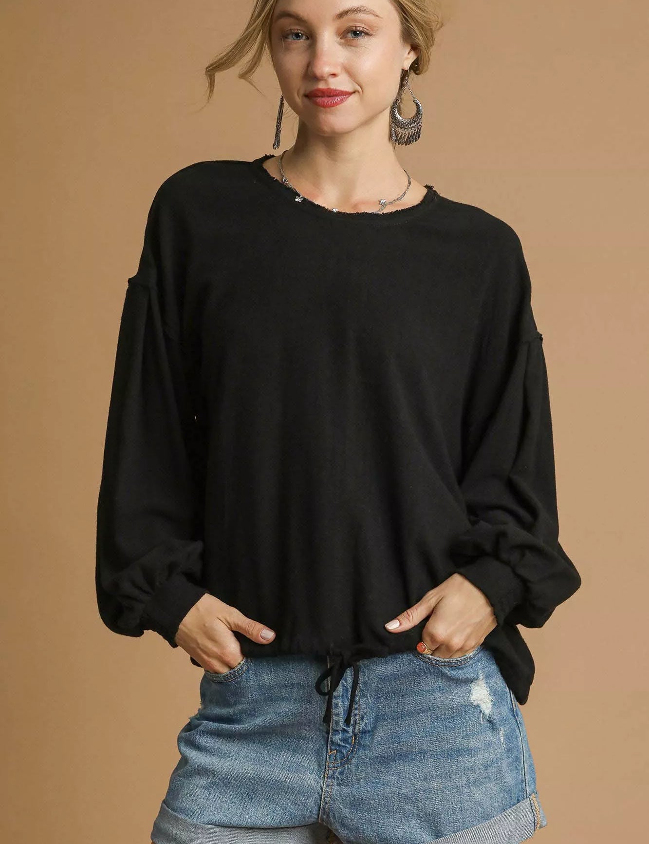 Black Umgee Full Size Linen Long Sleeve Top with Drawstring Plus Size | Blouses Daverri Fashions