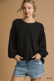 Black Umgee Full Size Linen Long Sleeve Top with Drawstring Plus Size | Blouses Daverri Fashions