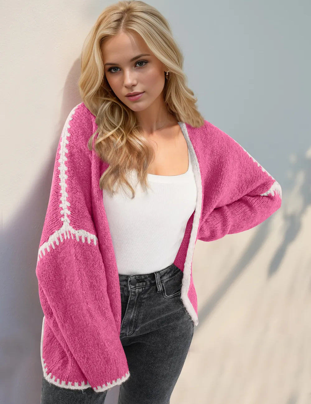 Hot Pink Double Take Contrast Open Front Dropped Shoulder Cardigan | Cardigans Daverri Fashions