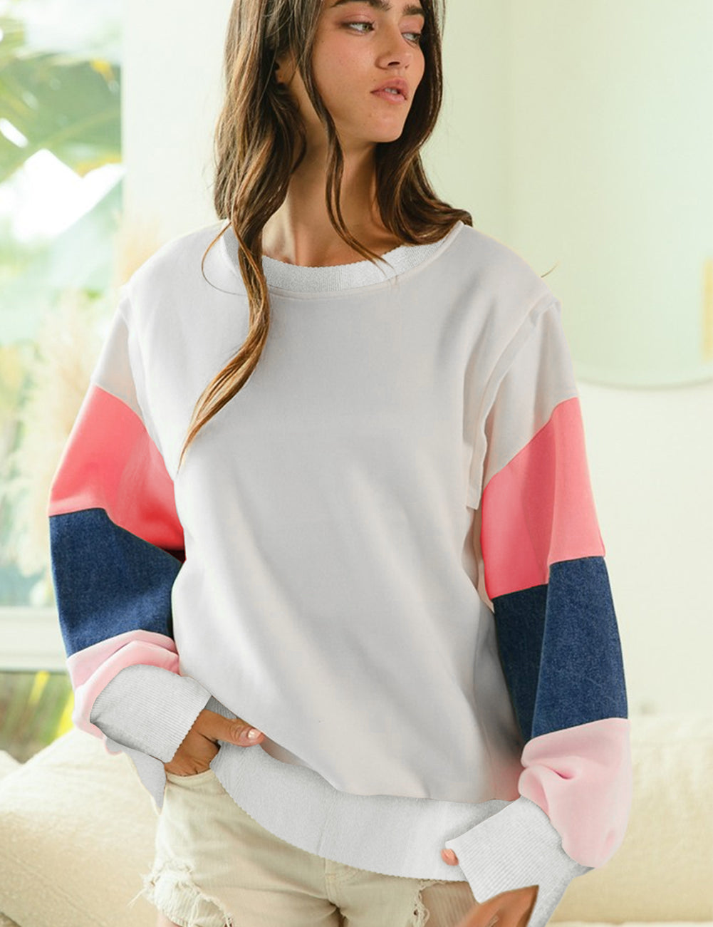 White French Terry Color Block Long Sleeve Top | Sweatshirts Daverri Fashions