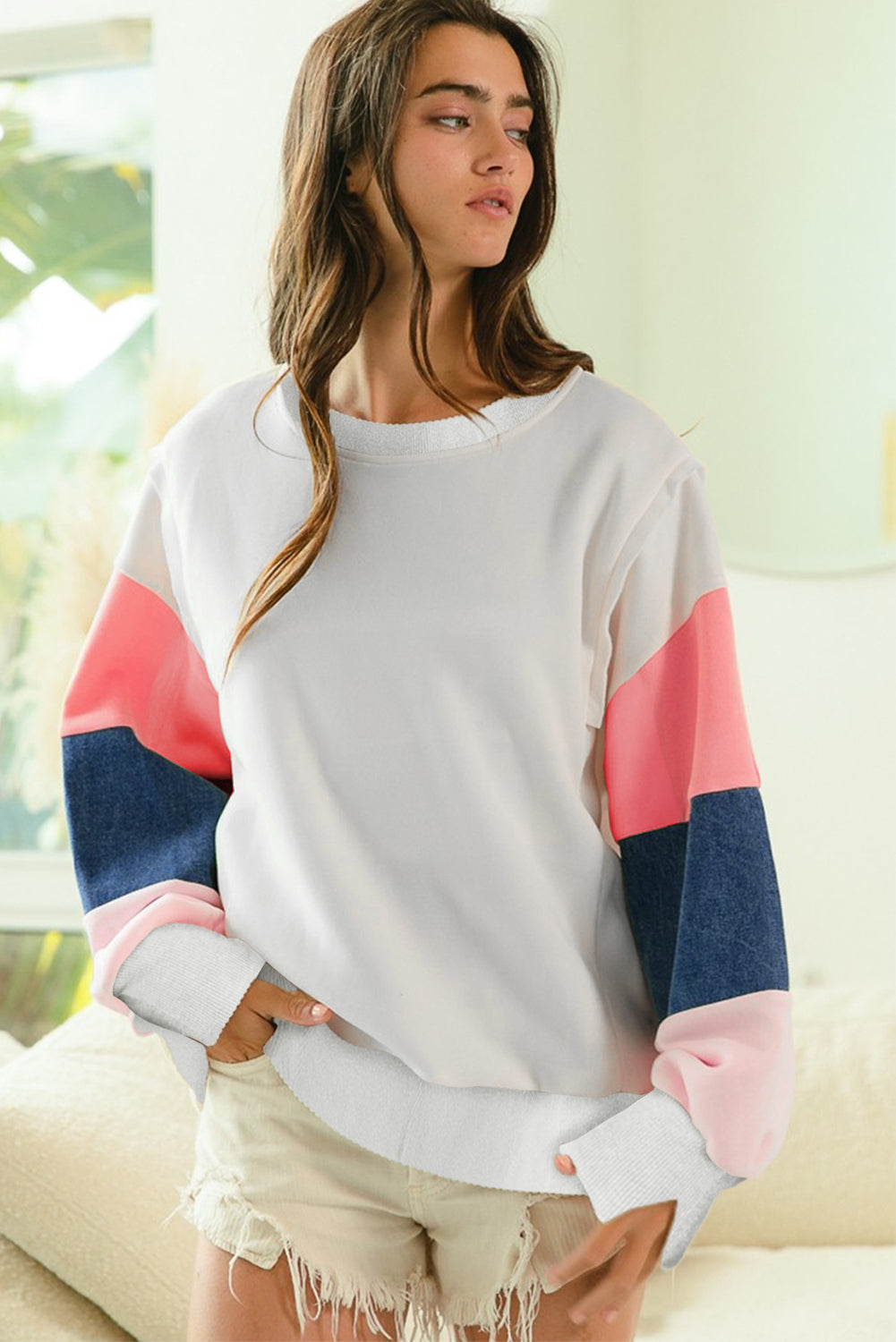 White French Terry Color Block Long Sleeve Top | Sweatshirts Daverri Fashions