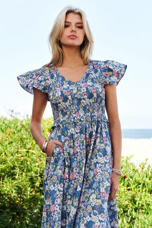 Vintage Garden Floral Flutter Smocking Midi Dress Mid Dresses