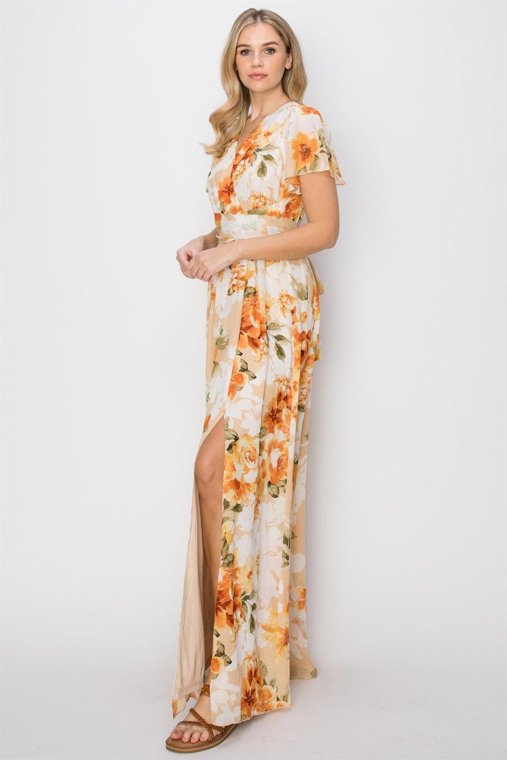 HYFVE Floral Tie Back Short Sleeve Slit Maxi Dress Maxi Dresses