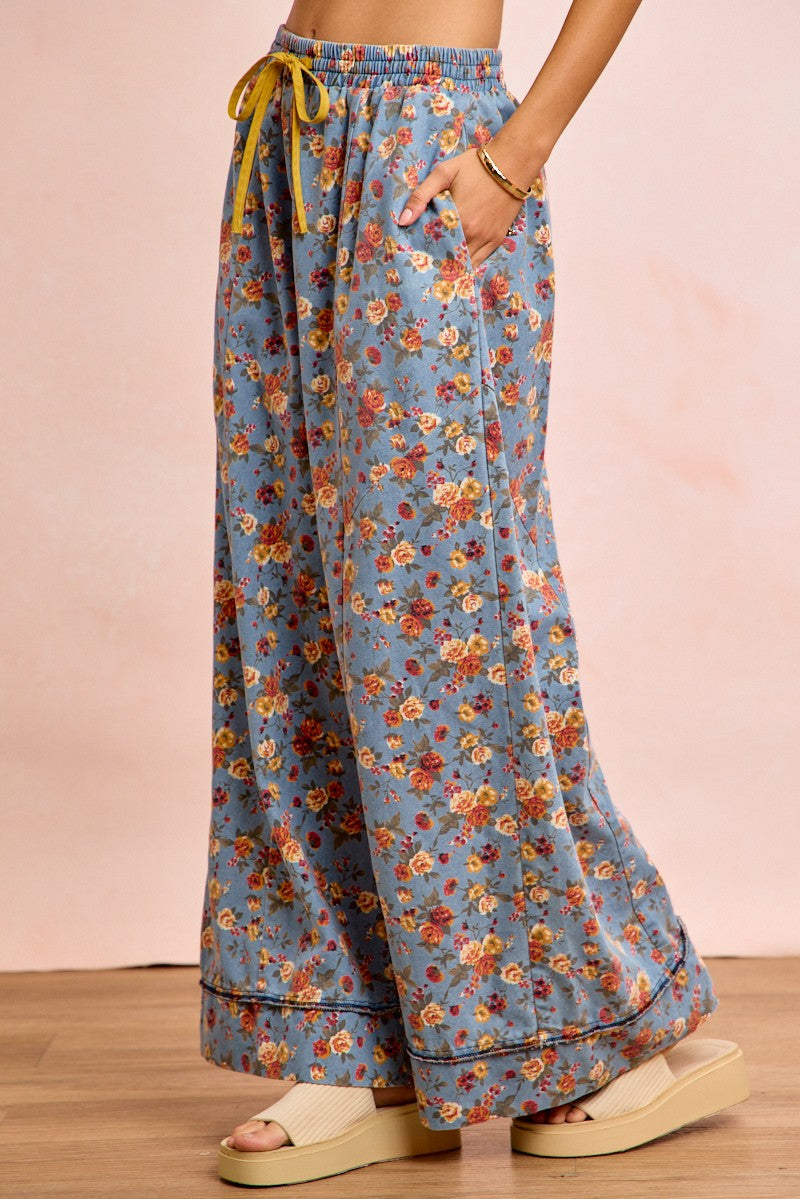 BiBi Floral Printed Drawstring Wide Pants in blue with yellow waistband