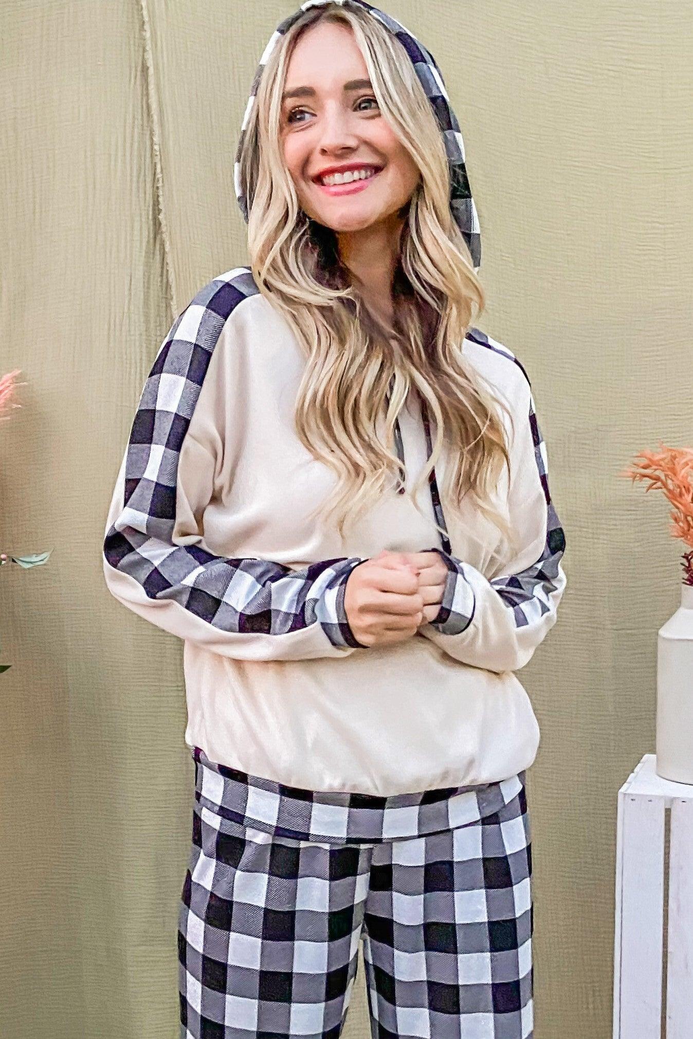 And The Why Drawstring Hooded Top and Plaid Pants Lounge Set | Outfit Sets Daverri Fashions