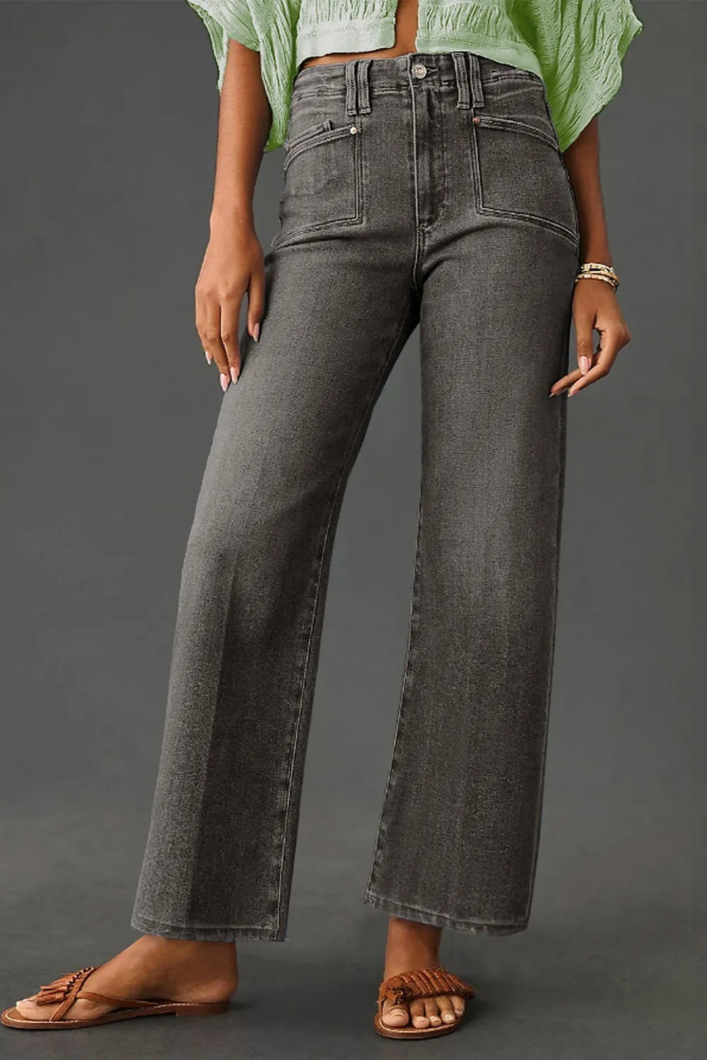 Women’s high-waisted wide-leg vintage wash denim jeans in faded gray