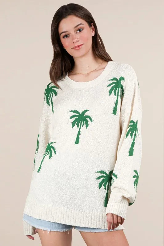 VERY J Palm Tree Graphic Oversized Knit Sweater Sweaters