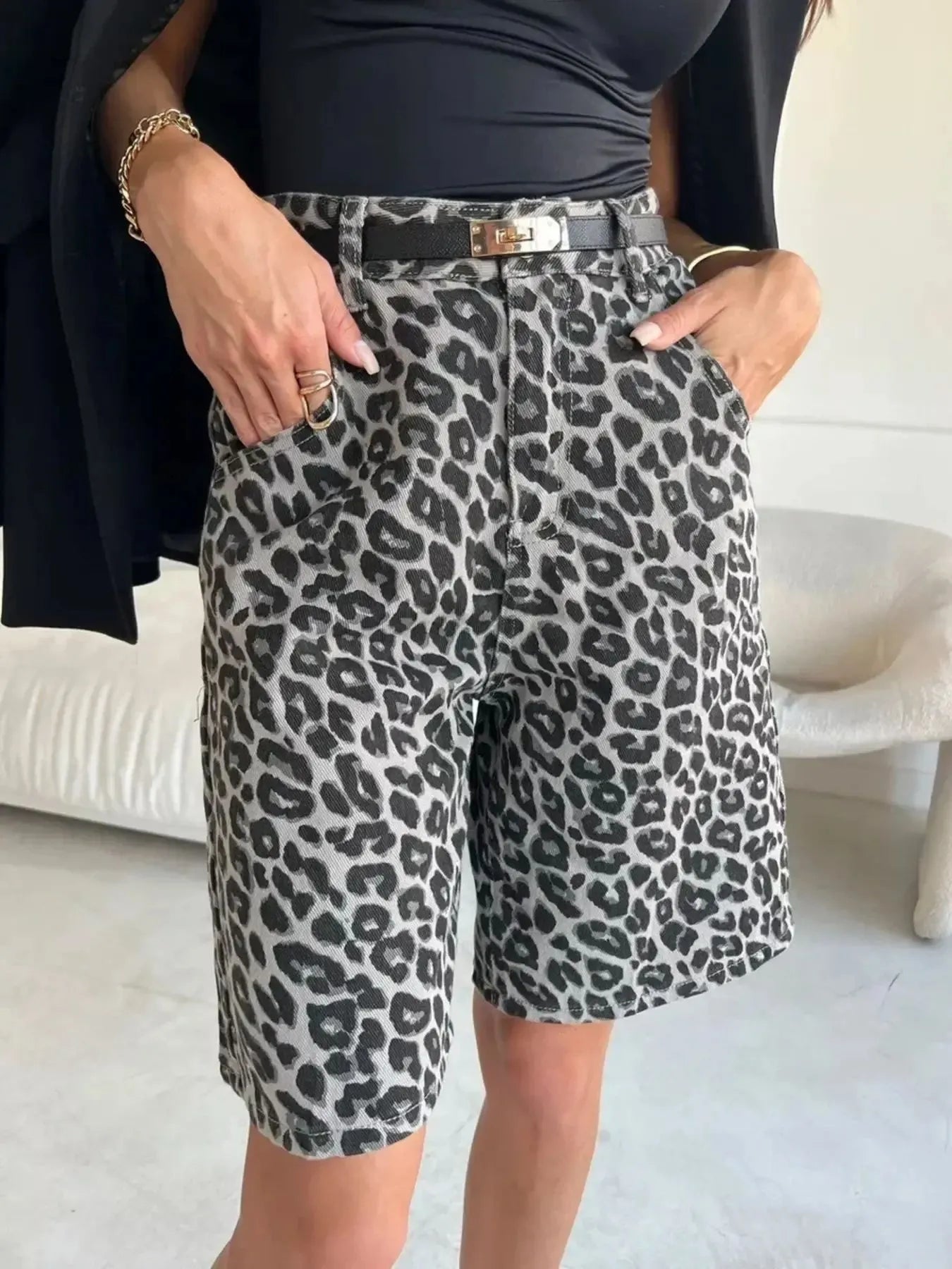 Dark Gray Leopard Print High-Waisted Denim Shorts | Shorts Daverri Fashions