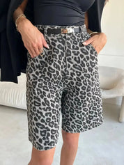 Dark Gray Leopard Print High-Waisted Denim Shorts | Shorts Daverri Fashions