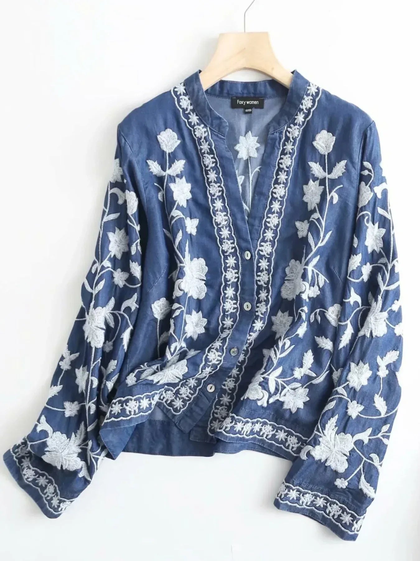Floral Embroidered Button Up Denim Shirt - DAVERRI FASHIONS