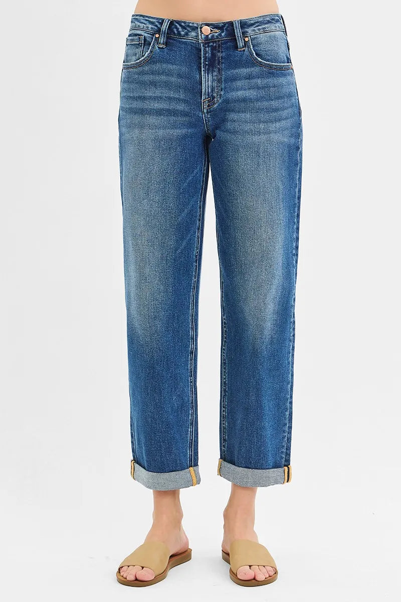 RISEN Full Size Mid Rise Boyfriend Roll Up Jeans Plus Size Jeans