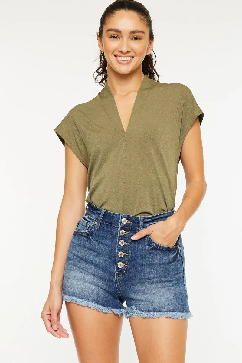 Kancan High Rise Frayed Hem Denim Shorts MEDIUM Denim Shorts